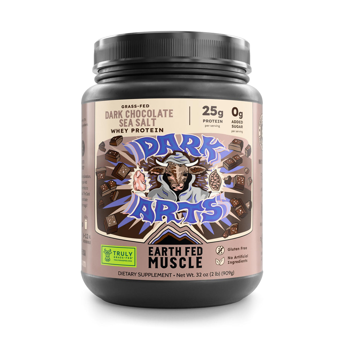 Earth Fed Muscle envase frontal mostrando etiqueta y beneficio proteína limpia