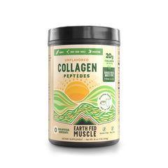 Earth Fed Muscle envase frontal mostrando rótulo y beneficio de 20 g proteína