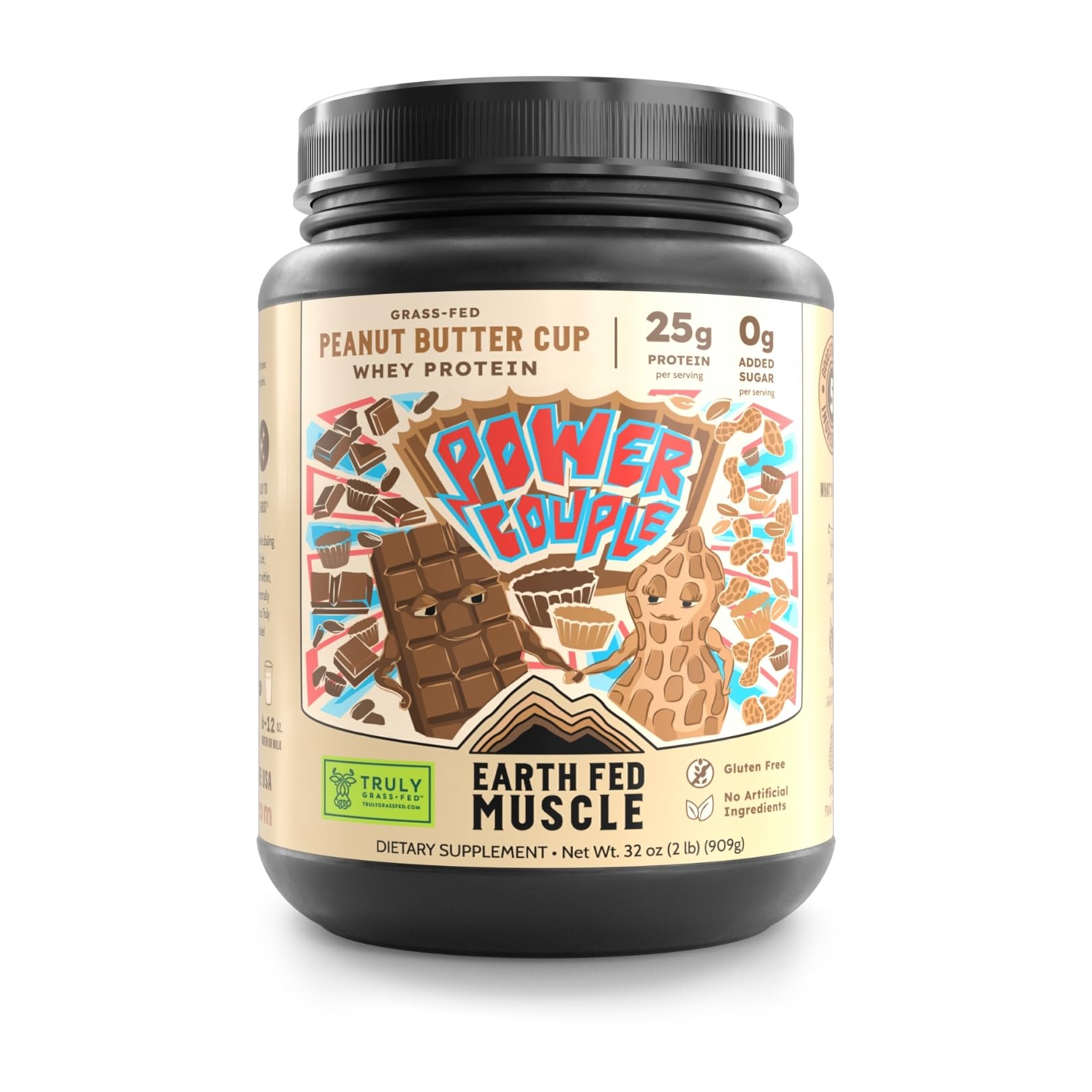 Earth Fed Muscle envase frontal mostrando marca y sabor indulgente