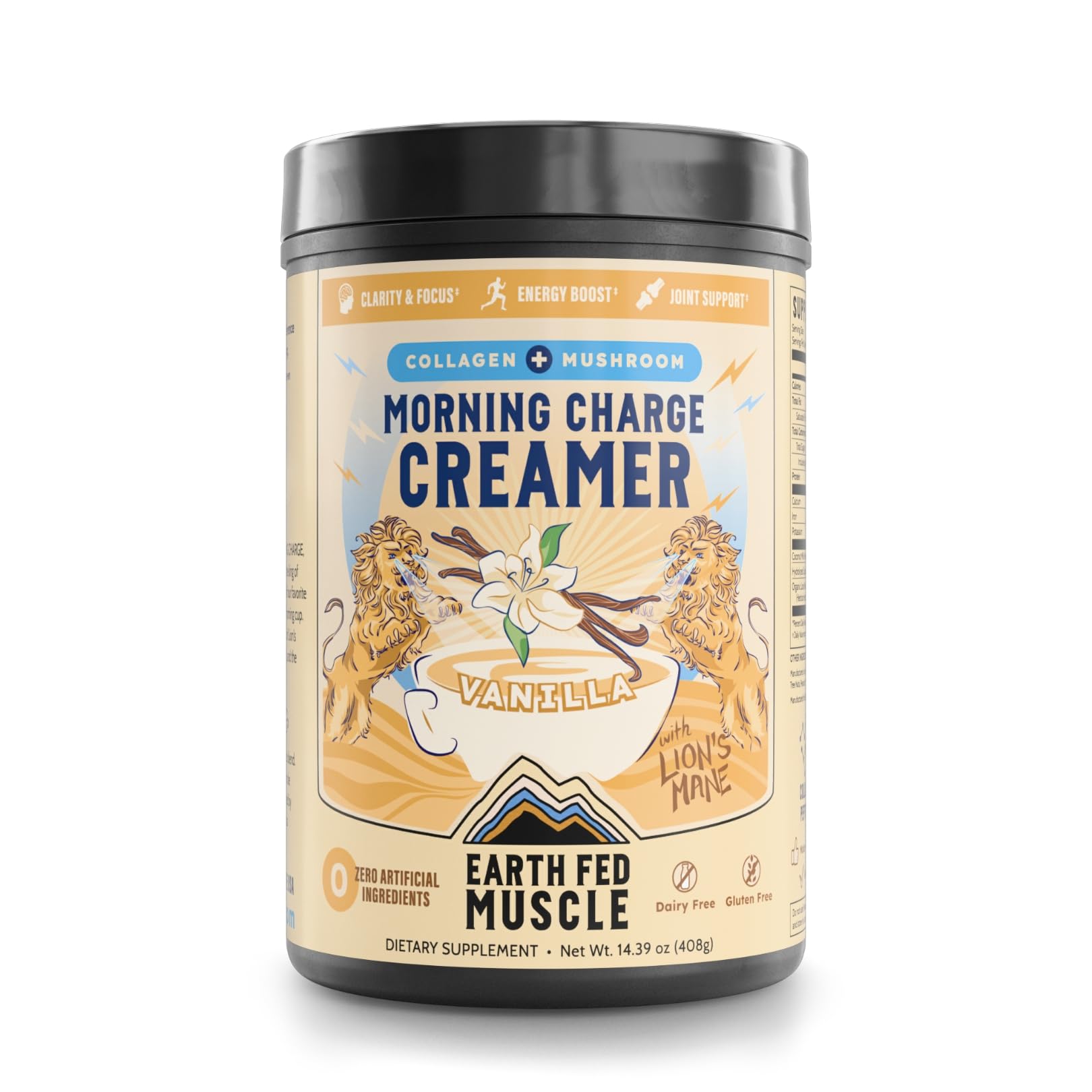 Earth Fed Muscle frente del envase mostrando sabor vainilla y 24 servicios