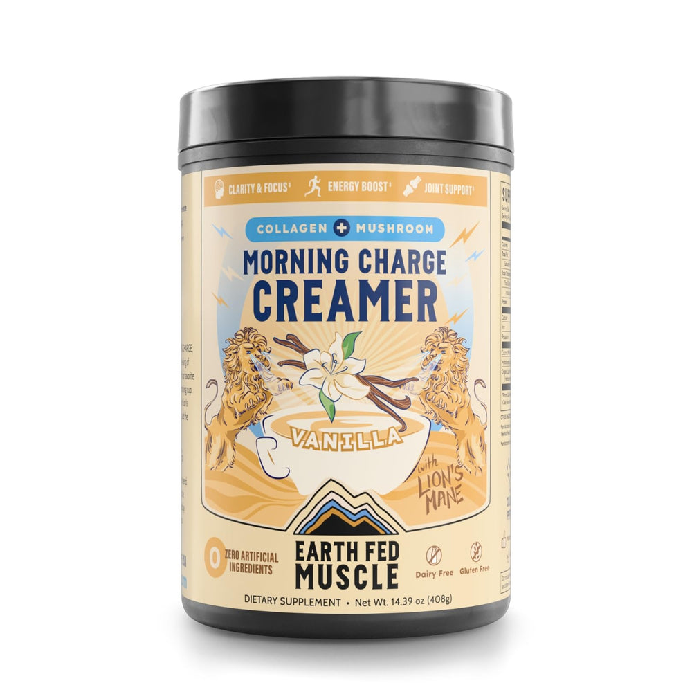 Earth Fed Muscle frente del envase mostrando sabor vainilla y 24 servicios