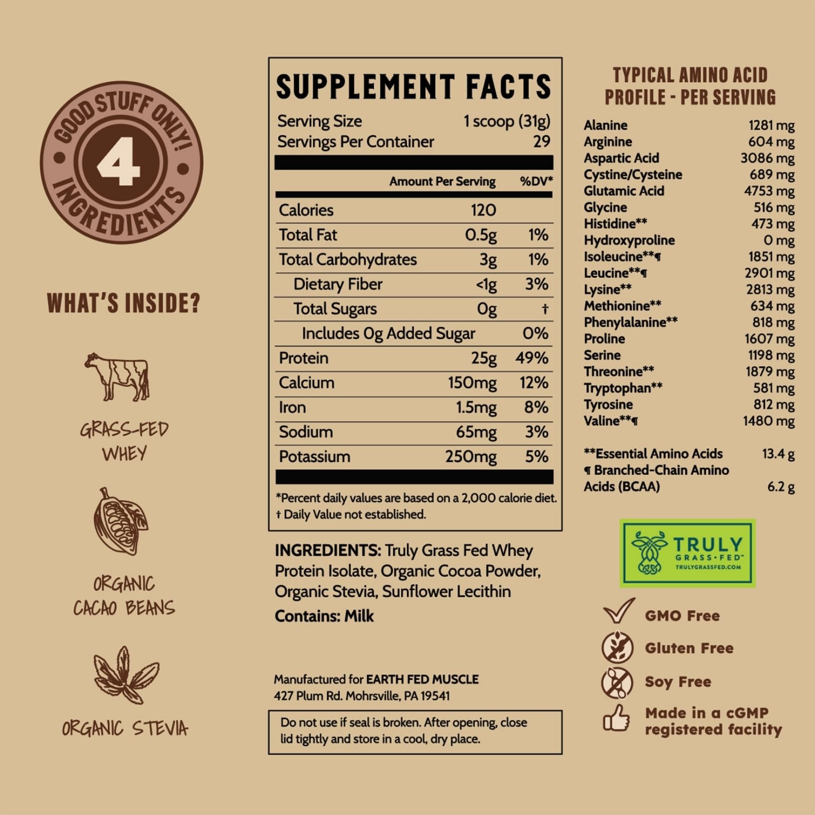 Earth Fed Muscle batidora mezclando polvo con fruta y leche