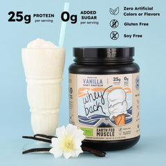 Detalle del polvo Earth Fed Muscle Whey Back Vanilla y su textura fina