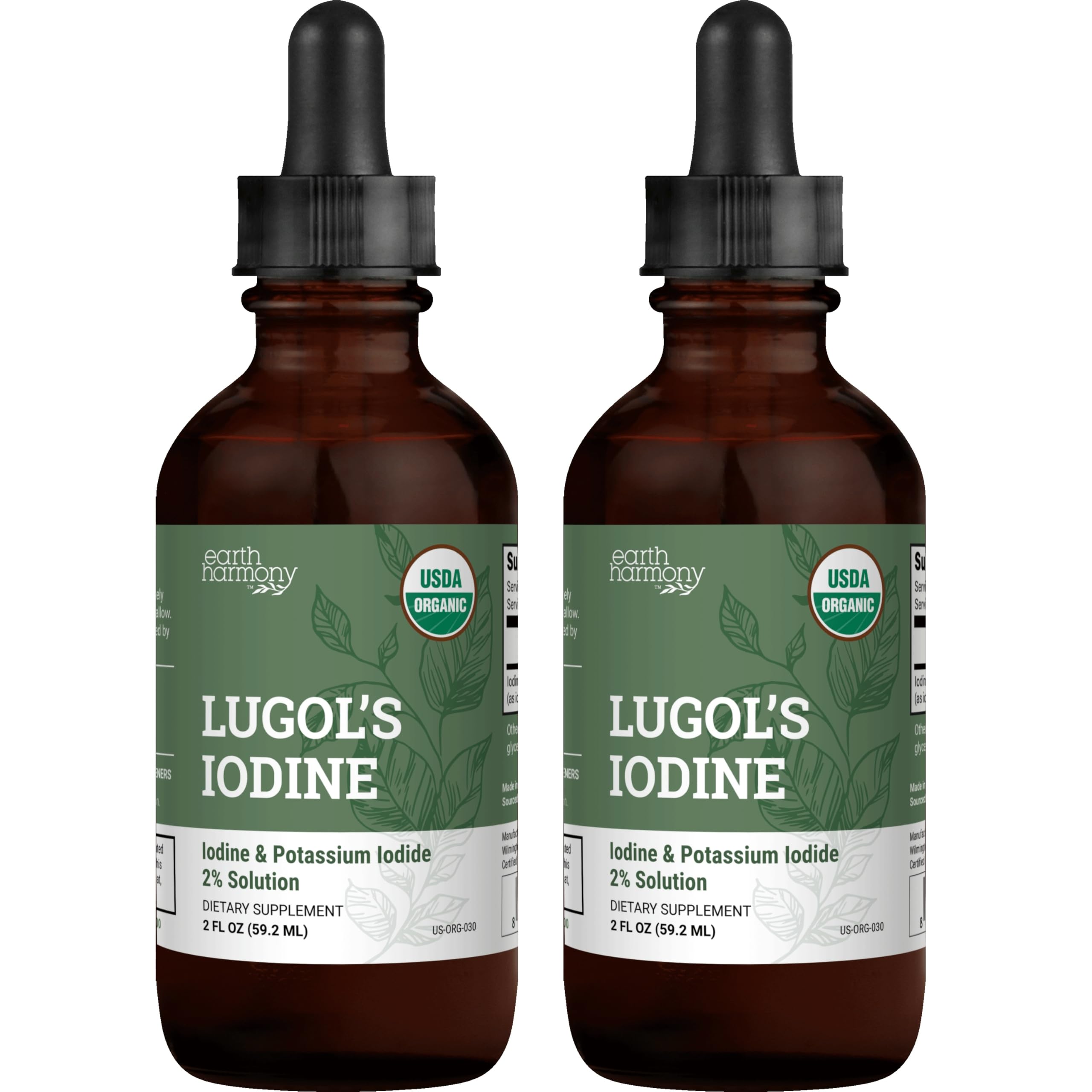 Earth Harmony Naturals frasco frontal del Lugol 2% muestra presentación y claridad
