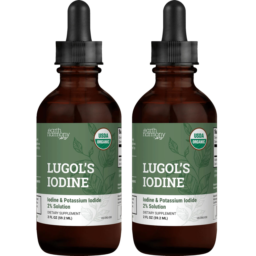 Earth Harmony Naturals frasco frontal del Lugol 2% muestra presentación y claridad