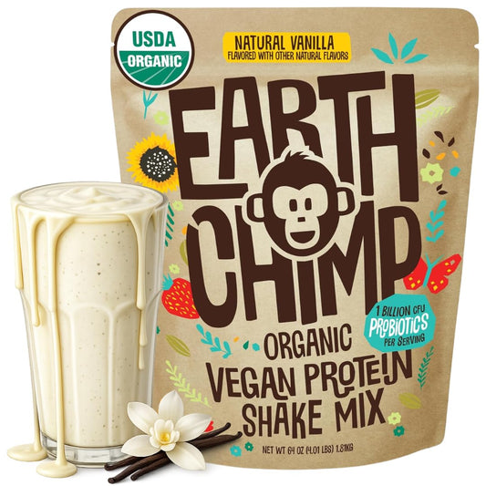 EarthChimp frente del envase mostrando tamaño y sello orgánico, conveniencia diaria