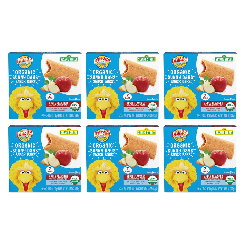 Earth's Best empaque frontal mostrando barras Sunny Days manzana, conveniente para padres