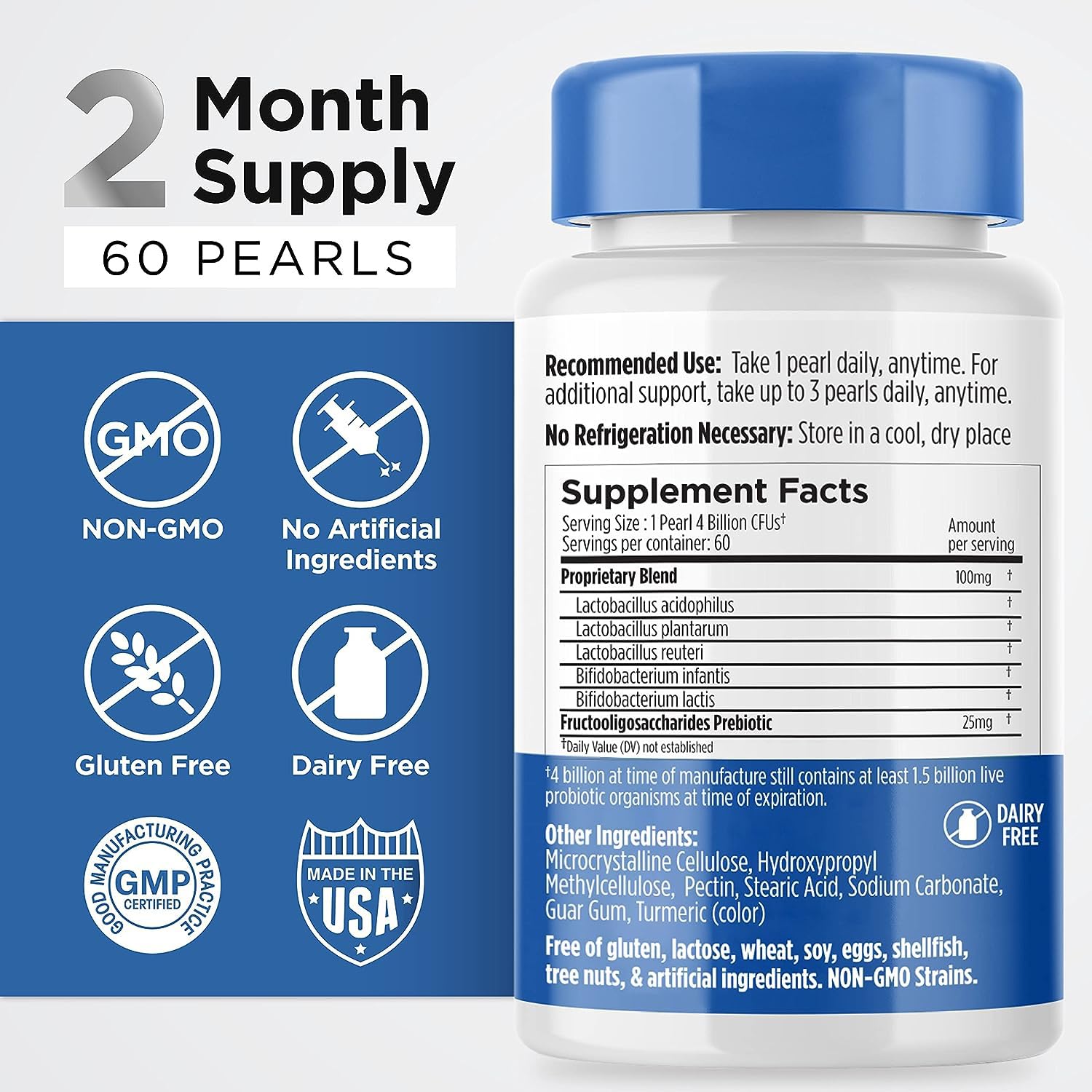 Etiqueta de Earth's Pearl resaltando probióticos, prebióticos y libre de gluten