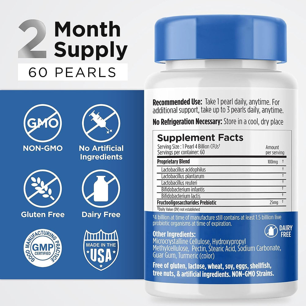 Etiqueta de Earth's Pearl resaltando probióticos, prebióticos y libre de gluten