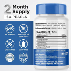 Etiqueta de Earth's Pearl resaltando probióticos, prebióticos y libre de gluten