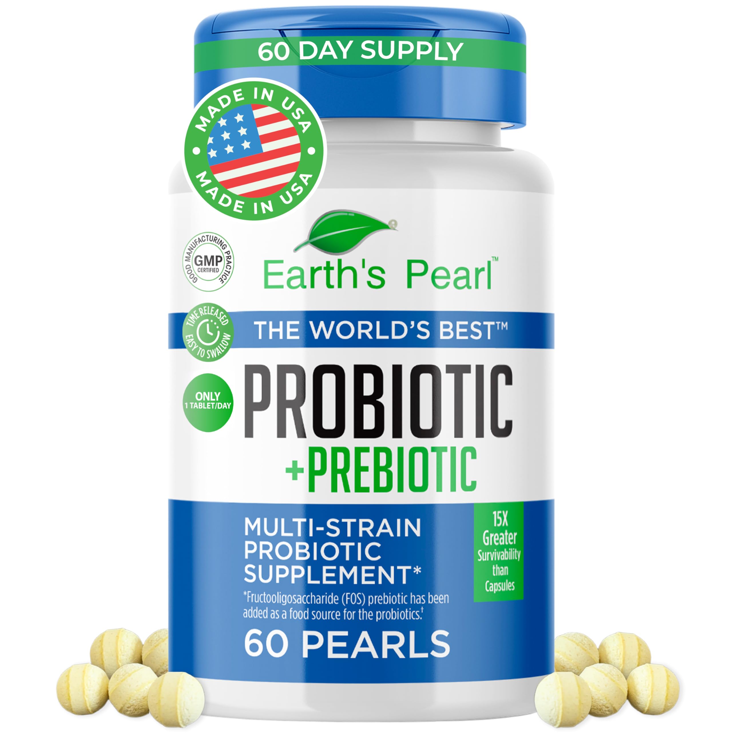 Earth's Pearl envase frontal mostrando el sello de 60 días y beneficios