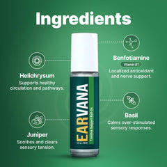 Basic Vigor EarVana etiqueta con ingredientes resaltando calidad y fabricación en EE. UU.