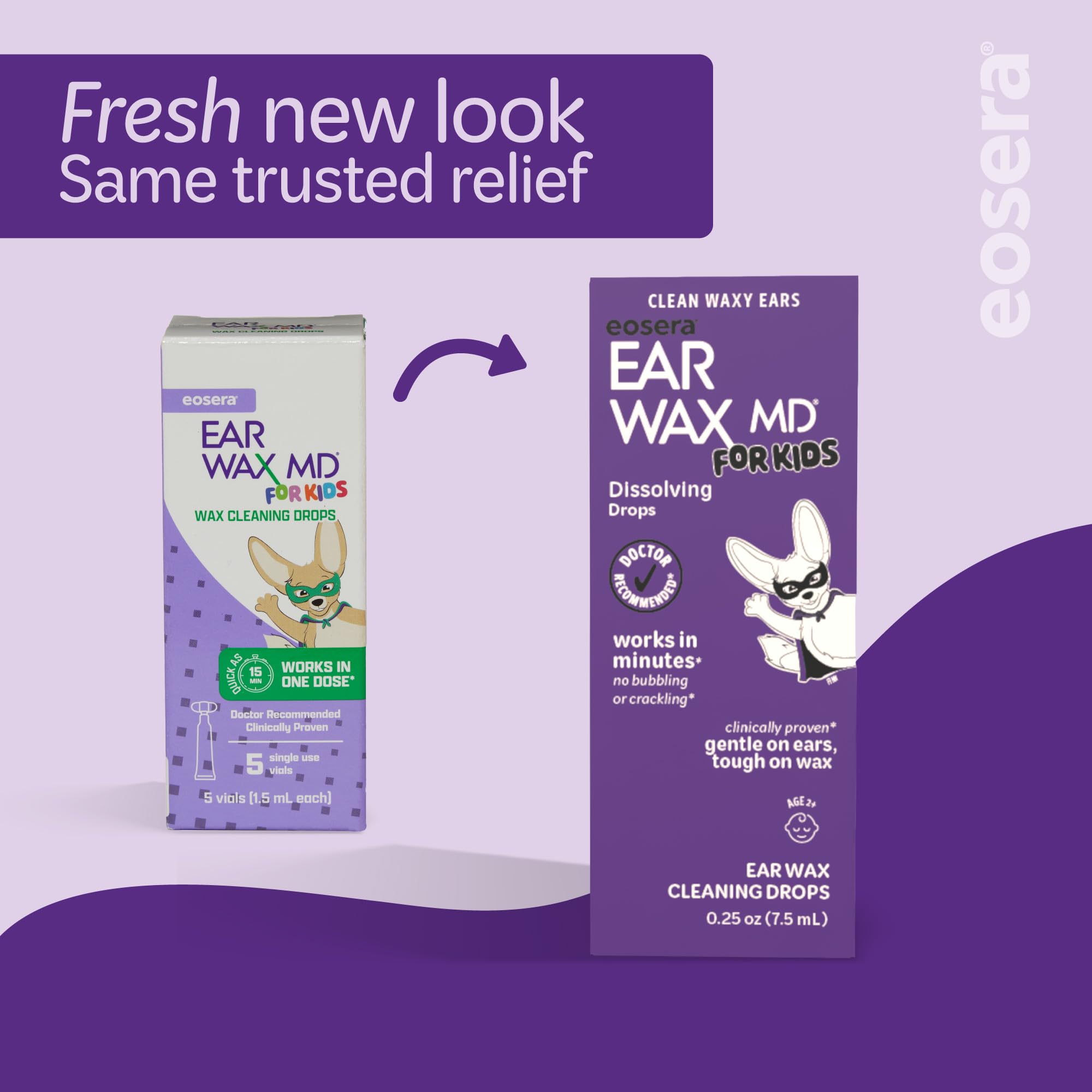 Earwax MD eosera etiqueta con indicaciones claras, información confiable
