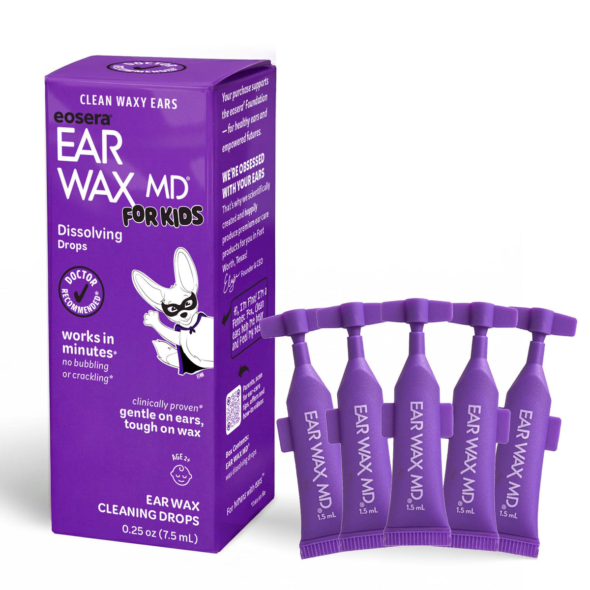 Earwax MD eosera paquete frontal mostrando cinco viales, opción segura y dosificada