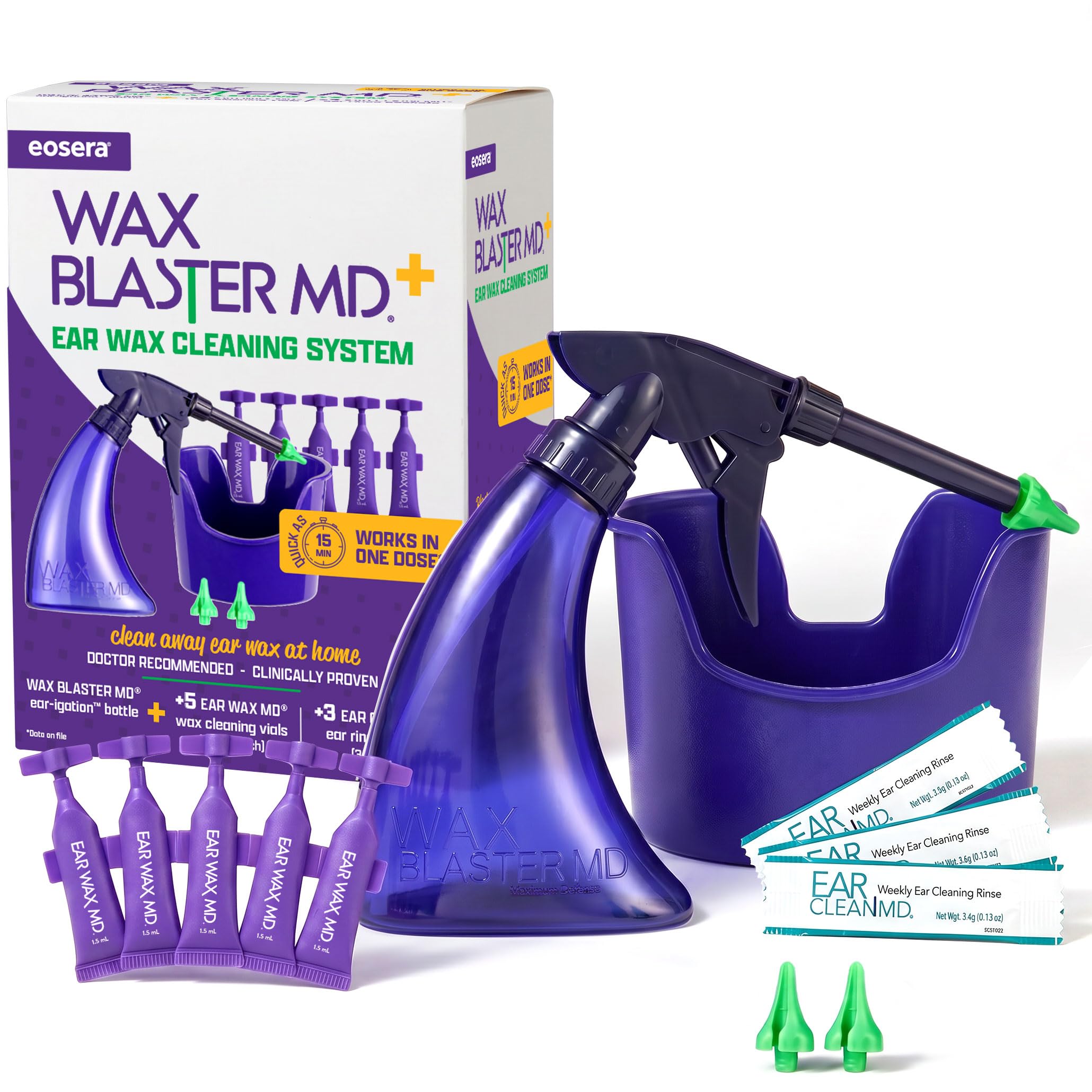 Earwax MD frontal del kit Wax Blaster MD+ mostrando accesorios y empaque, para limpieza segura