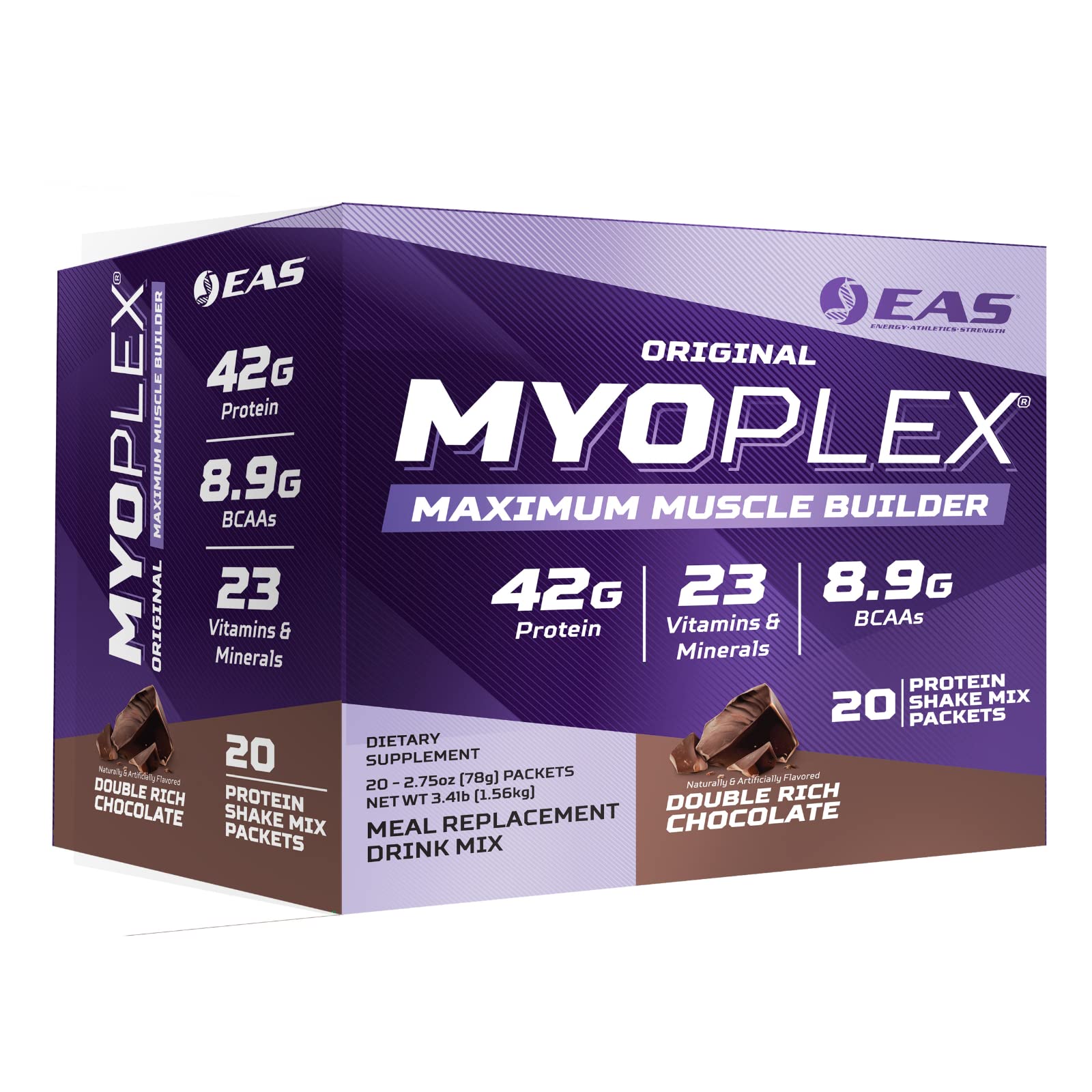 EAS Myoplex frente del empaque mostrando 20 sobres y beneficio práctico