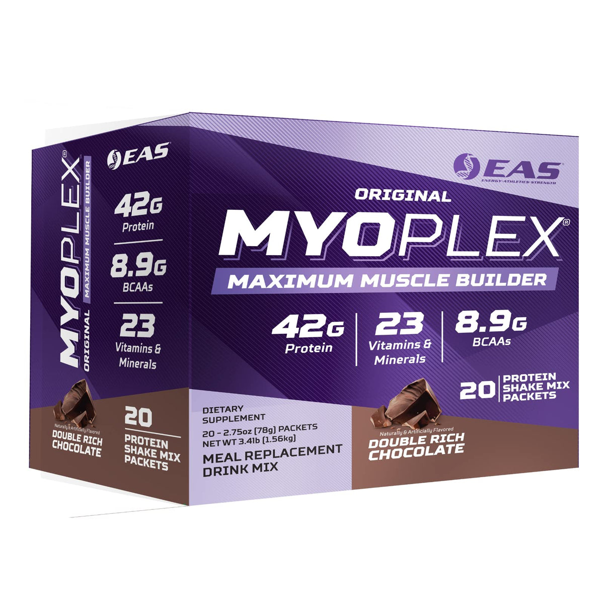 EAS Myoplex frente del empaque mostrando 20 sobres y beneficio práctico
