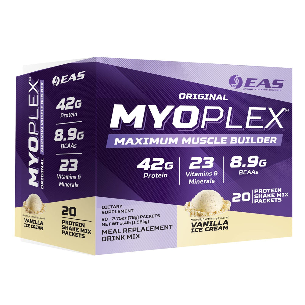 Experimental and Applied Sciences Myoplex frente del empaque que muestra 20 sobres y beneficios