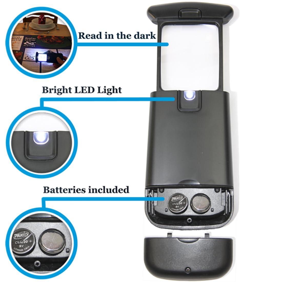 EASY MAGNIFIER LED encendida iluminando texto en ambiente oscuro