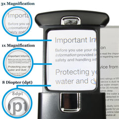 EASY MAGNIFIER junto a una tarjeta para comparar tamaño y portabilidad