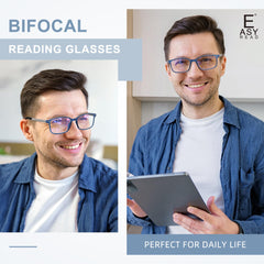 EASY READ primer plano de lente bifocal mostrando separación de visión y claridad