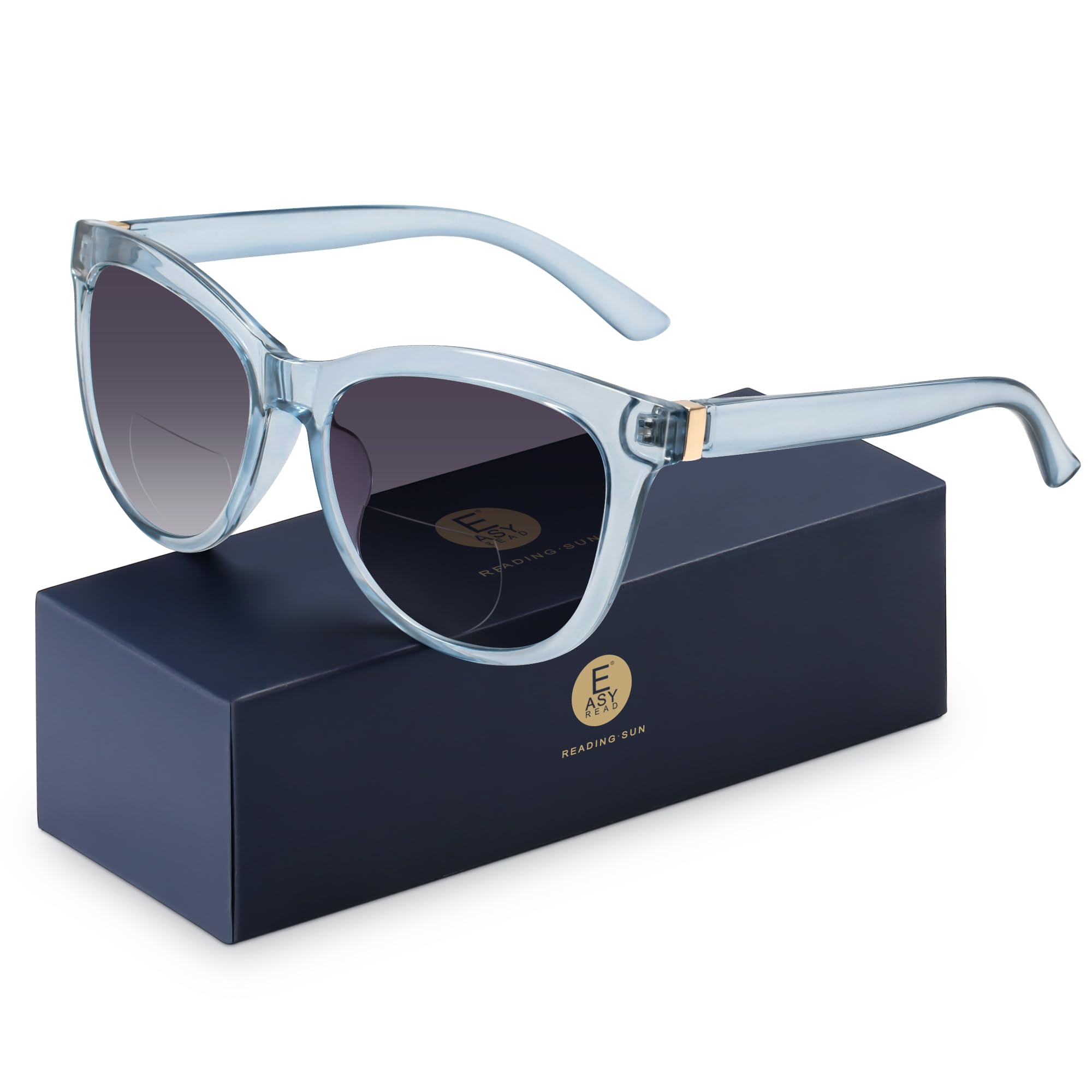 EASY READ vista frontal azul transparente con estilo cateye y protección UV400