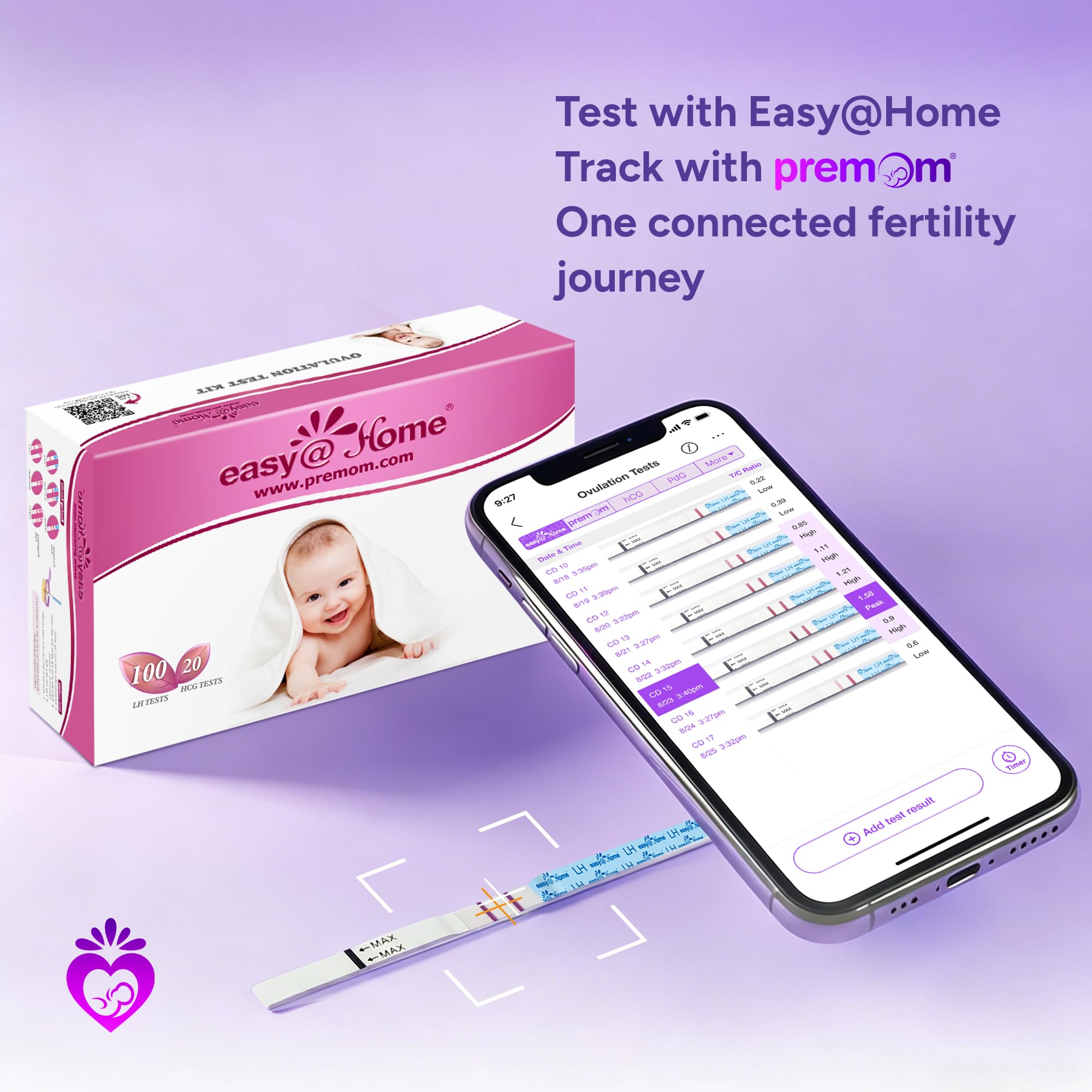 Pantalla de teléfono con la app Premom vinculada a Easy@Home para registro