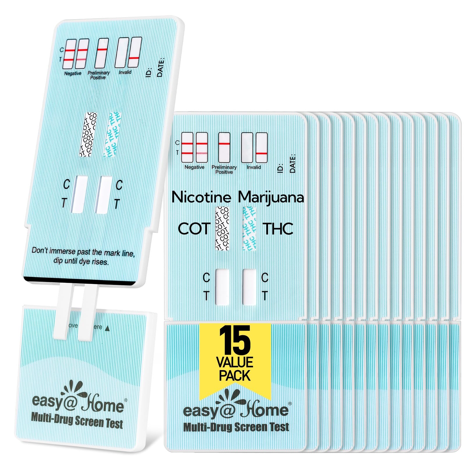 Easy@Home empaque frontal mostrando 15 pruebas y beneficios de cribado rápido