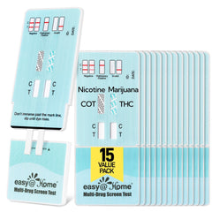 Easy@Home empaque frontal mostrando 15 pruebas y beneficios de cribado rápido