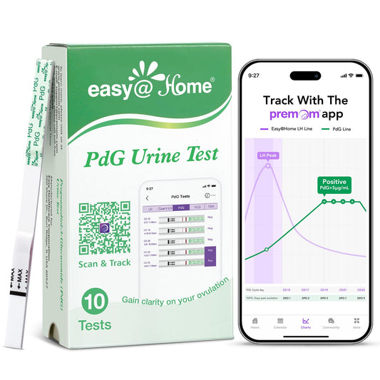 Easy@Home paquete frontal mostrando 10 tiras para seguimiento de fertilidad