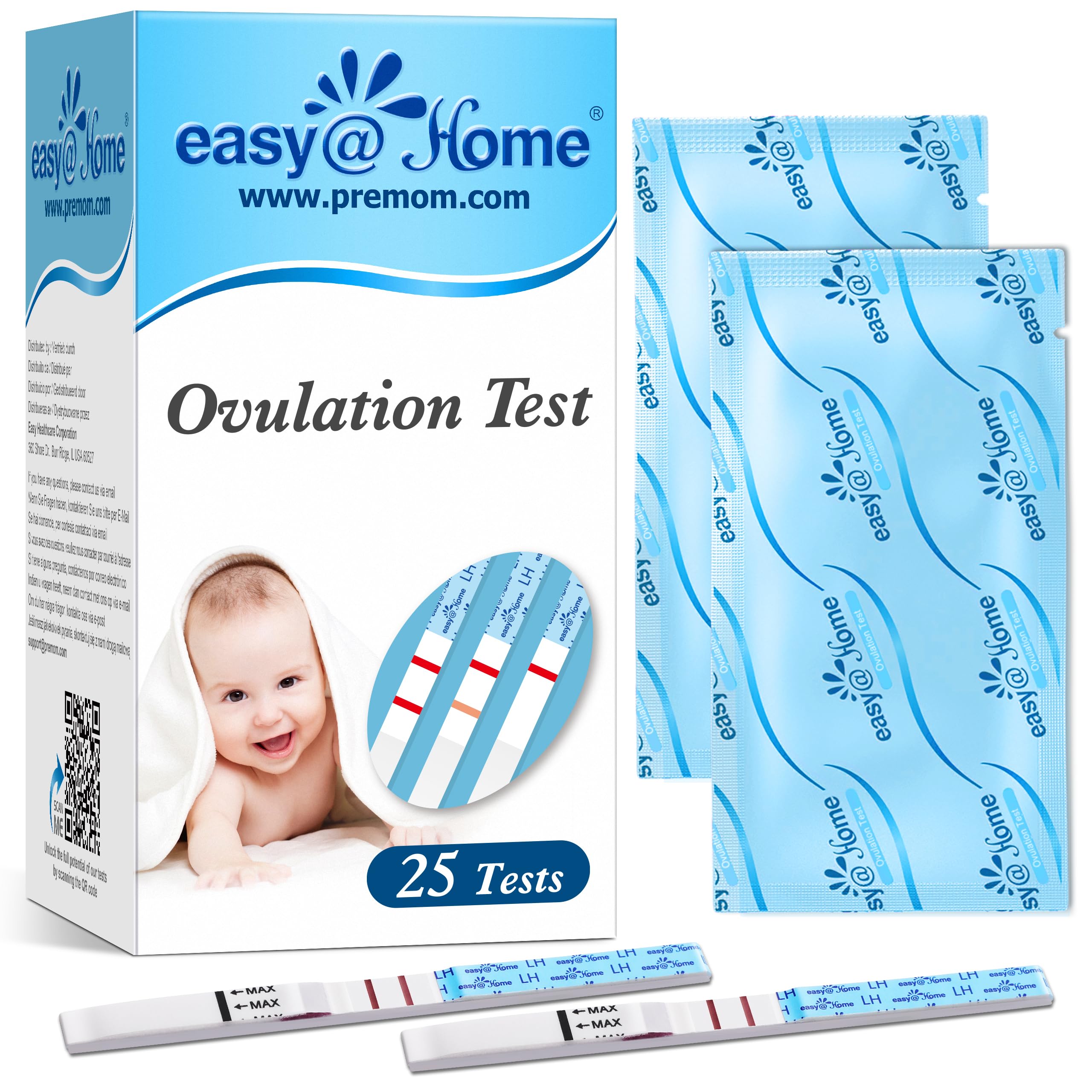 Easy@Home paquete frontal con 25 tiras mostrando tamaño y marca