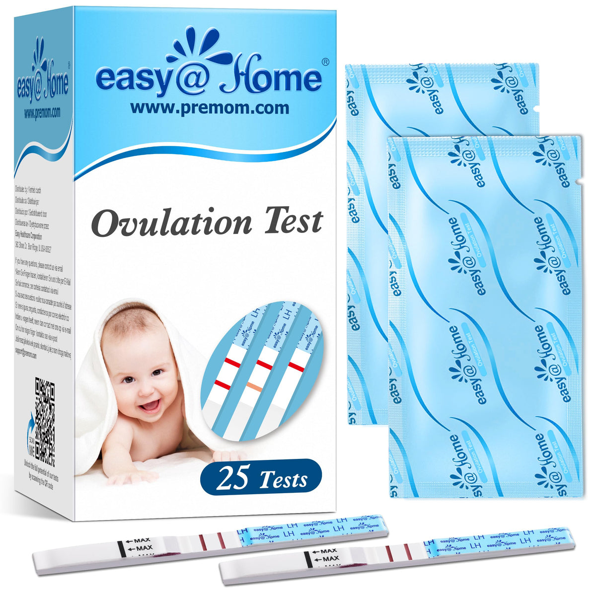 Easy@Home paquete frontal con 25 tiras mostrando tamaño y marca