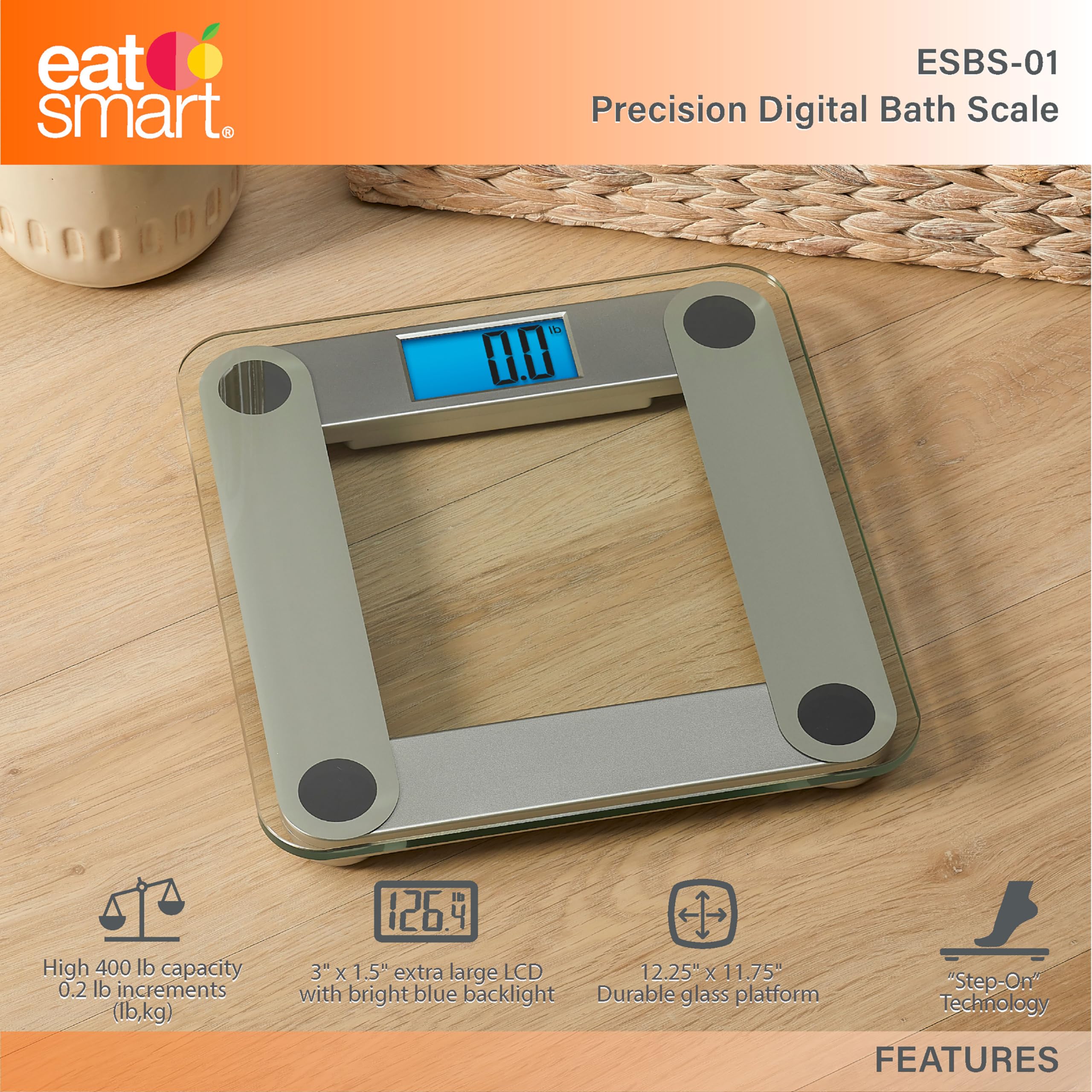 EatSmart pantalla retroiluminada azul mostrando números grandes y legibles