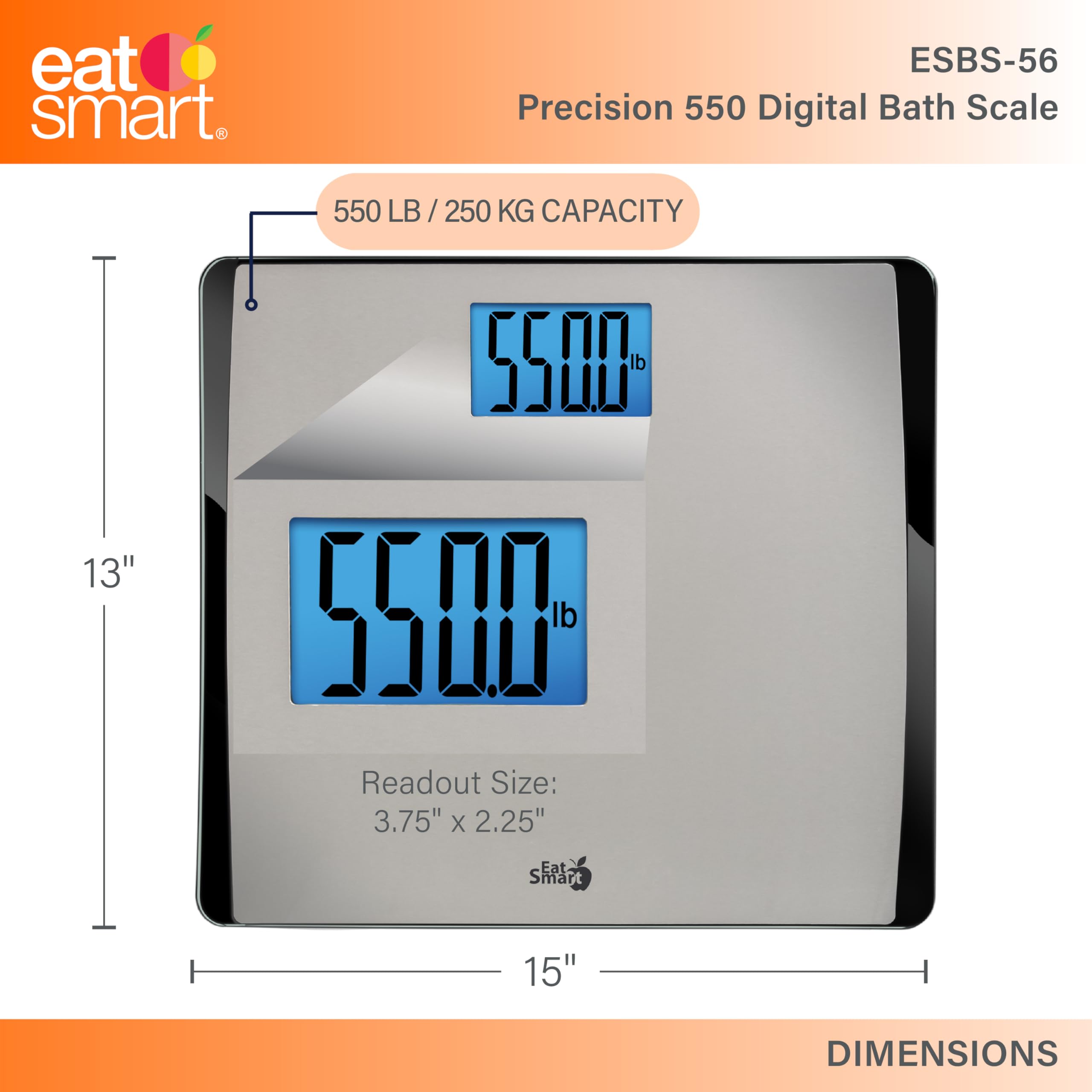 EatSmart plataforma ancha mostrando dimensiones, mayor estabilidad al pisar