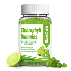 EAZGOO envase frontal de gomitas de clorofila que destaca ingredientes y beneficio de frescura
