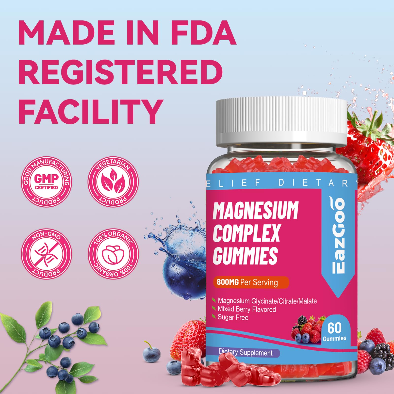 EAZGOO imágenes de ingredientes clave: magnesio y vitaminas cercanas