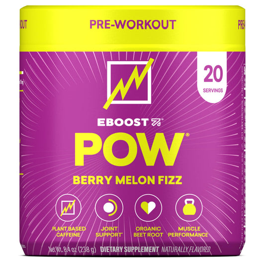 EBOOST POW frente del envase mostrando sabor Berry Melon y 20 servicios para energía