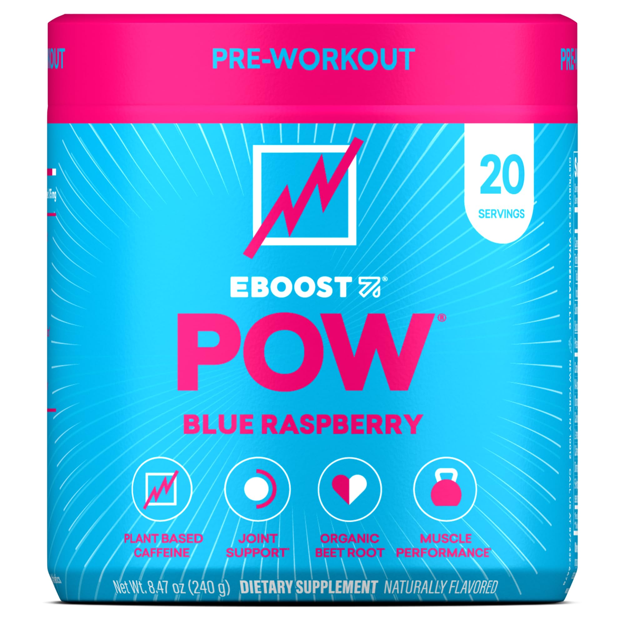 EBOOST POW envase frontal mostrando 20 servicios y sabor Blue Raspberry