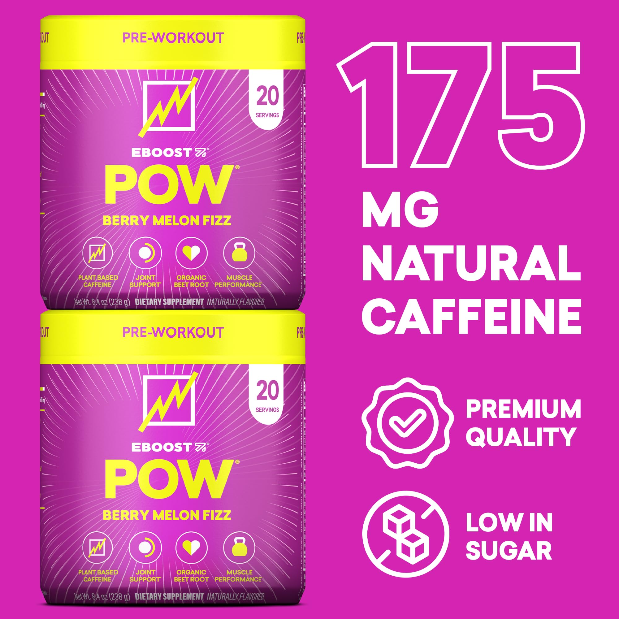 Etiqueta de EBOOST POW con lista de ingredientes clave y beneficios funcionales visibles