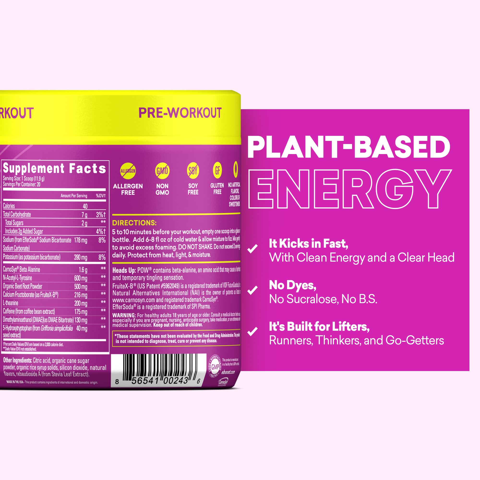 Vaso con EBOOST POW Berry Melon Fizz bebida efervescente lista para entrenar con sabor