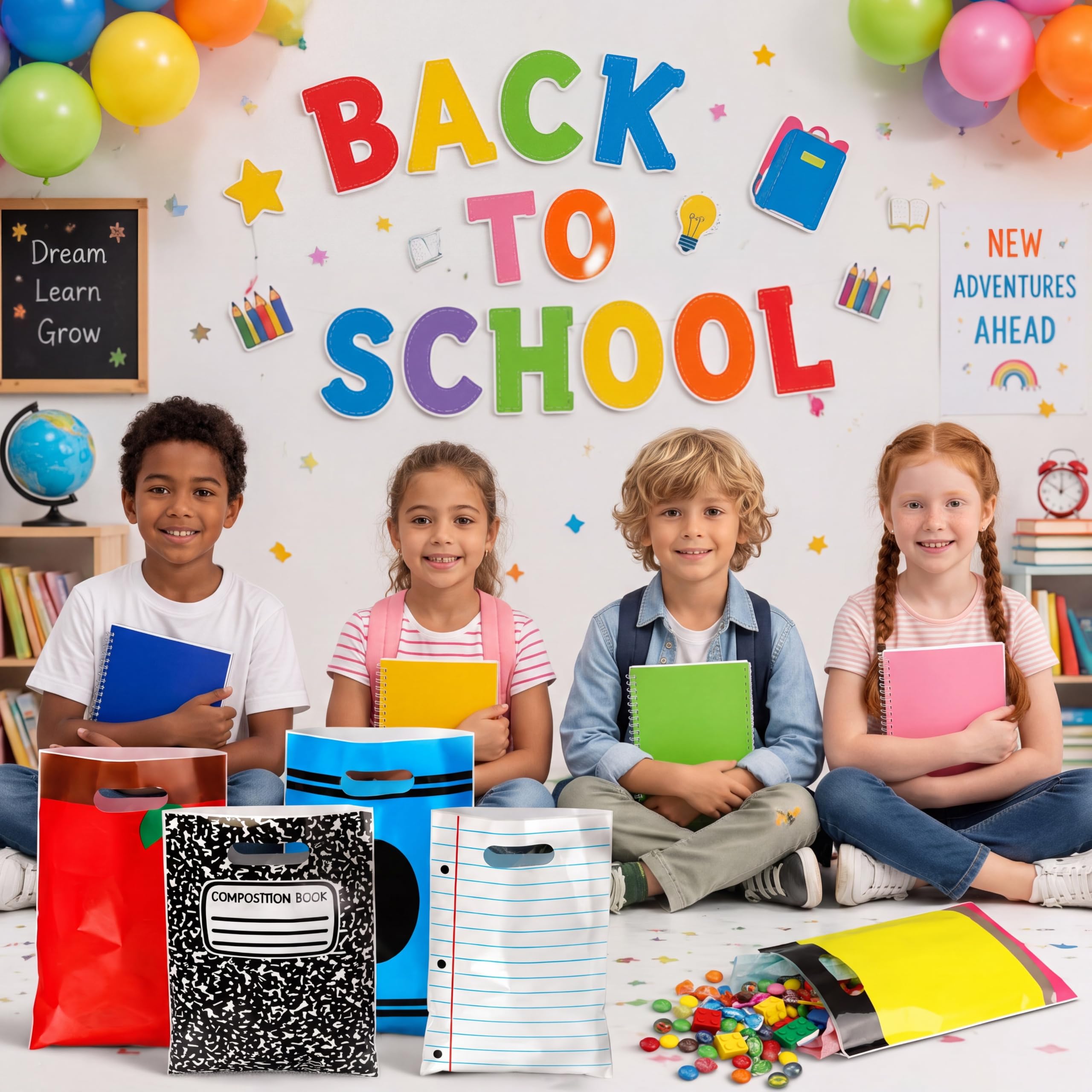 Ecally colocando dulces en las bolsas para preparar sorpresas de clase rápidamente