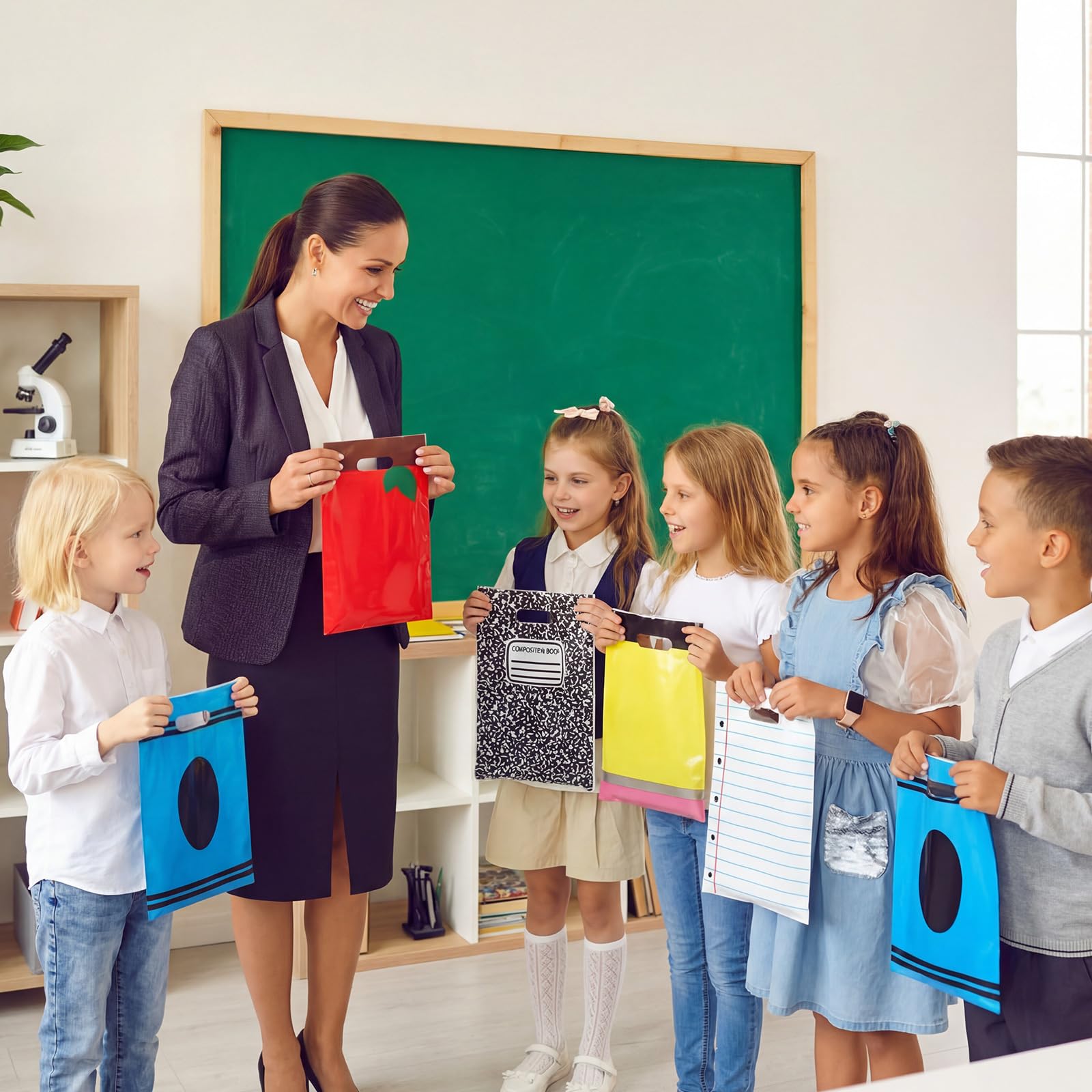 Ecally bolsas en mesa de aula decorada mostrando cómo armonizan en fiestas escolares