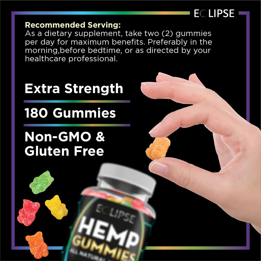 Eclipse Hemp envase abierto con gomitas visibles, suministro mensual claro