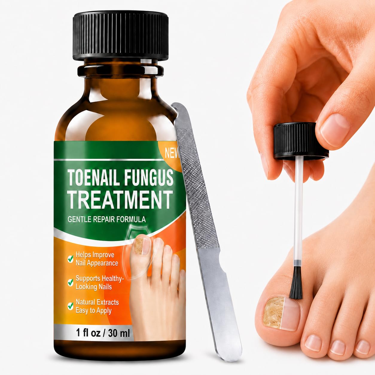 ECMOOMCE envase frontal del tratamiento para uñas mostrando diseño y facilidad