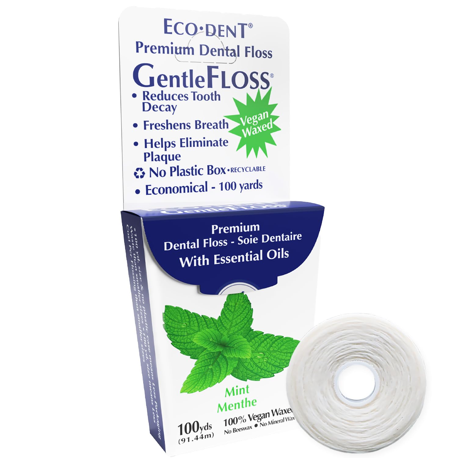 ECO-DENT empaque frontal del hilo dental mostrando diseño sostenible y beneficio ecoamigable