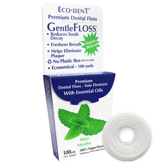 ECO-DENT empaque frontal del hilo dental mostrando diseño sostenible y beneficio ecoamigable