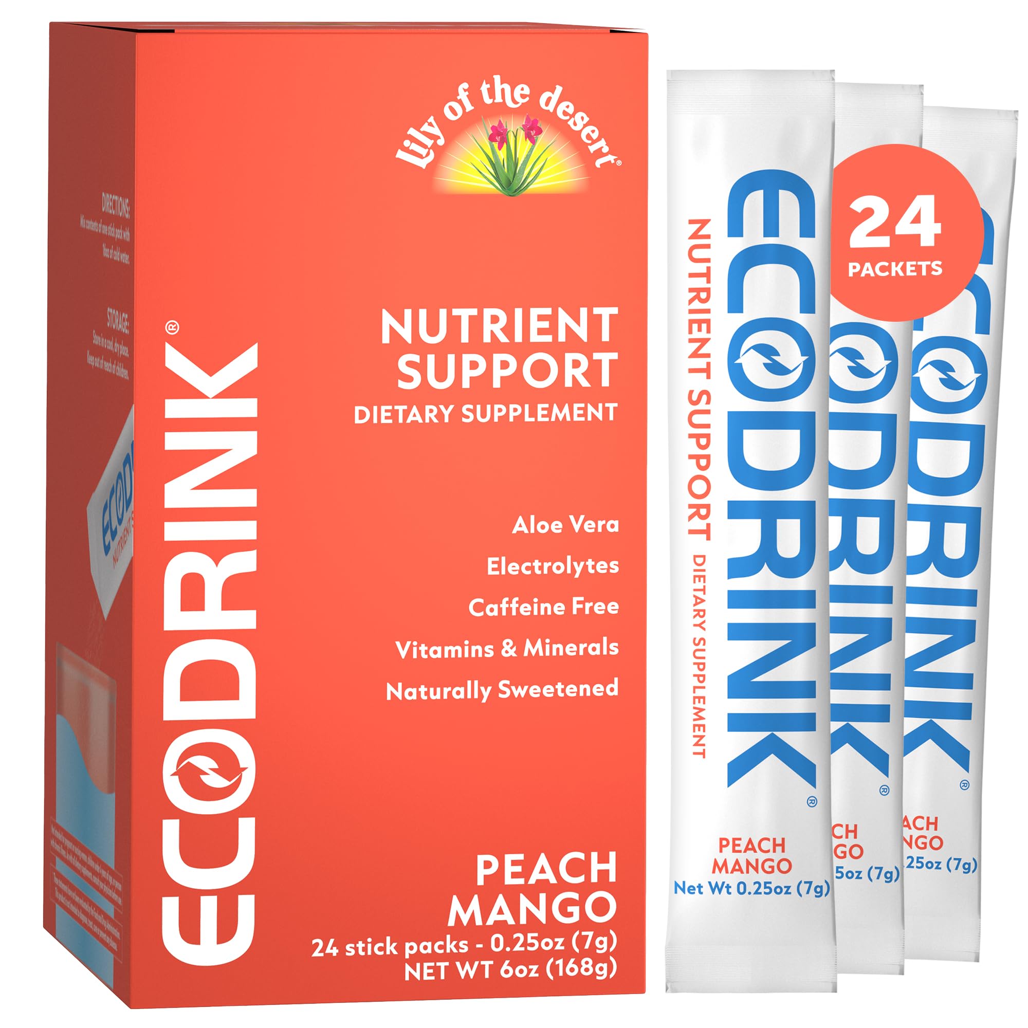Lily of the Desert Eco Drink frente del empaque, presenta cant. y sabor