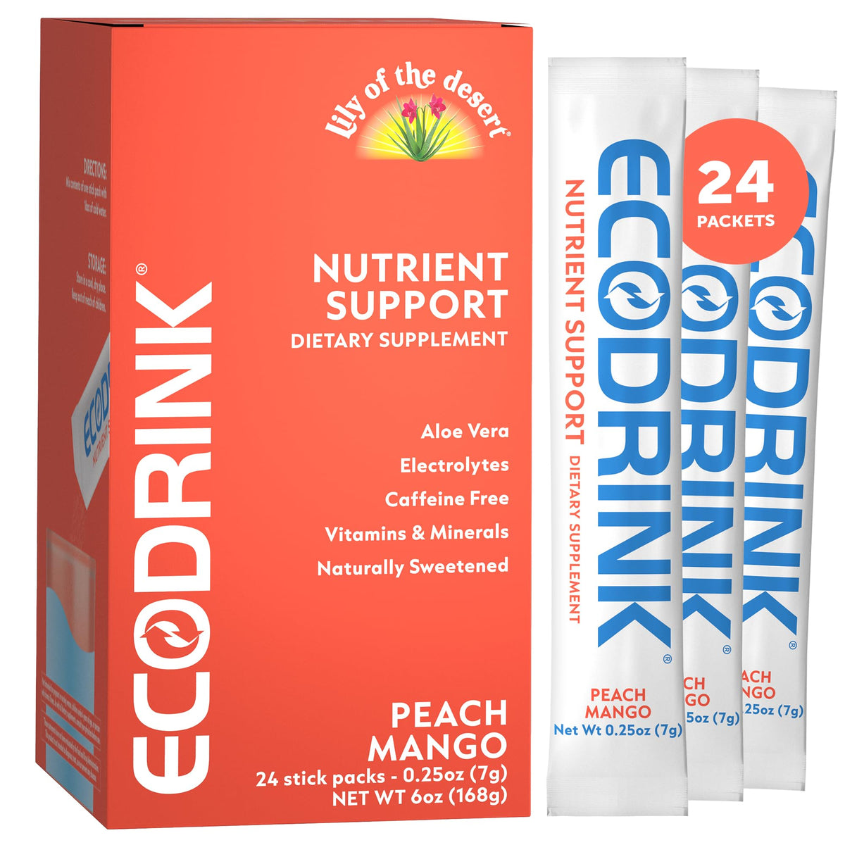 Lily of the Desert Eco Drink frente del empaque, presenta cant. y sabor