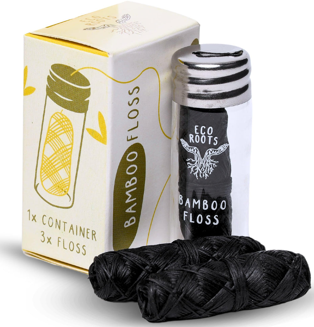 ECO ROOTS frasco con hilos delanteros mostrando diseño reutilizable y ahorro