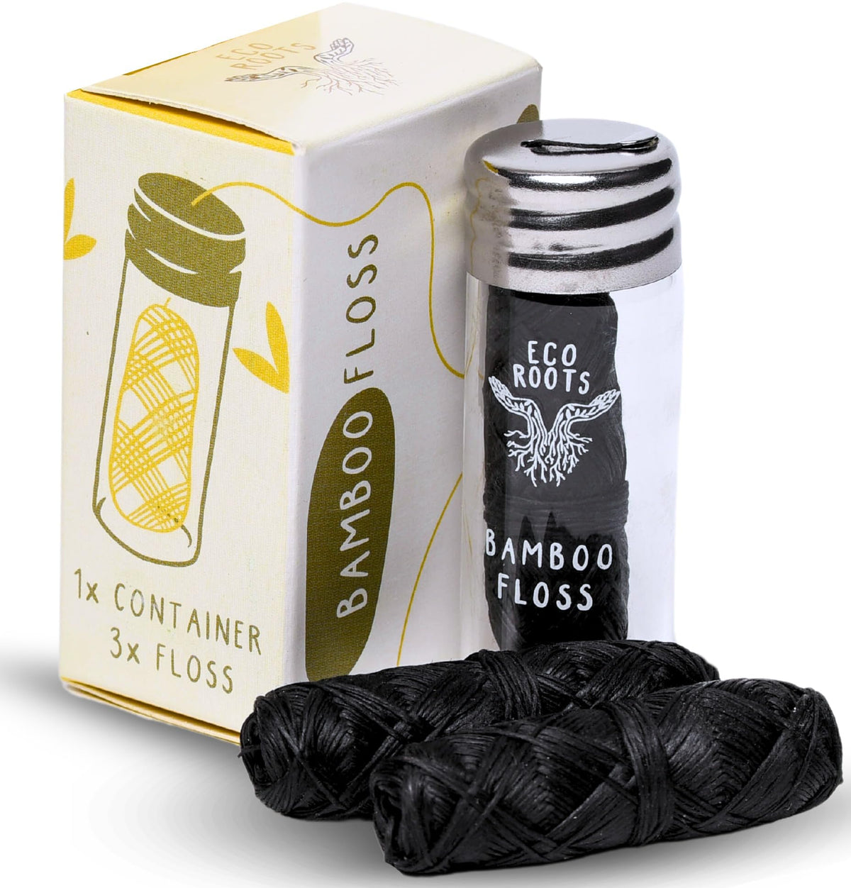 ECO ROOTS frasco con hilos delanteros mostrando diseño reutilizable y ahorro